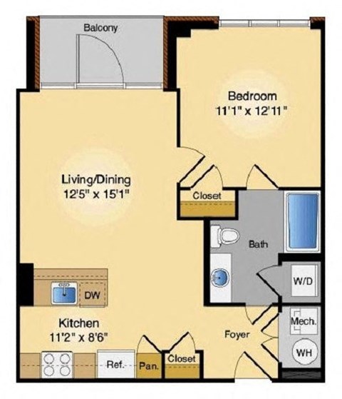 Floor plan for 1 bed, 1 bath, 630 sqft